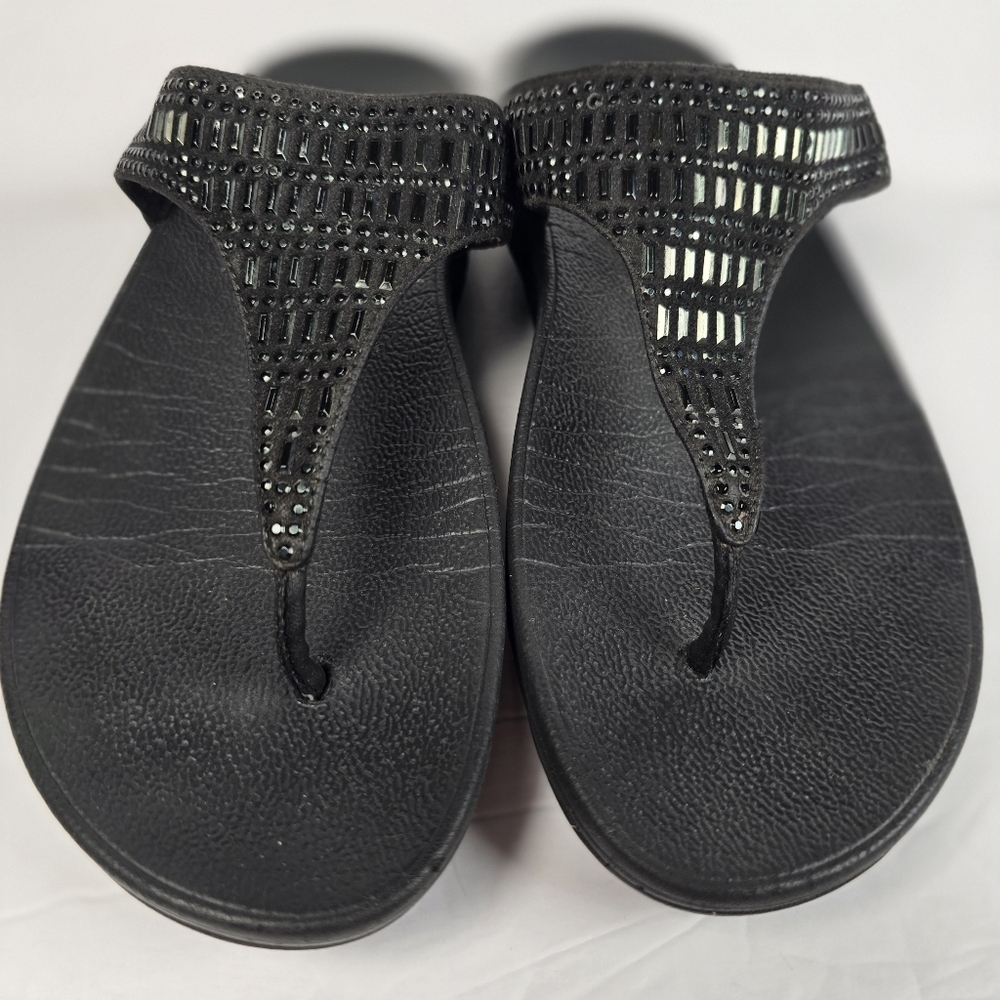 FitFlop Erogonomic Black LULU Y2K style Crystal Toe-Post Sandals Size 8